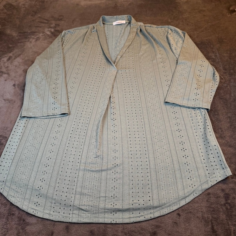 Miselon Eyelet Knit Tunic Blouse Womens 2XX Large Sage Green V Neck Casual